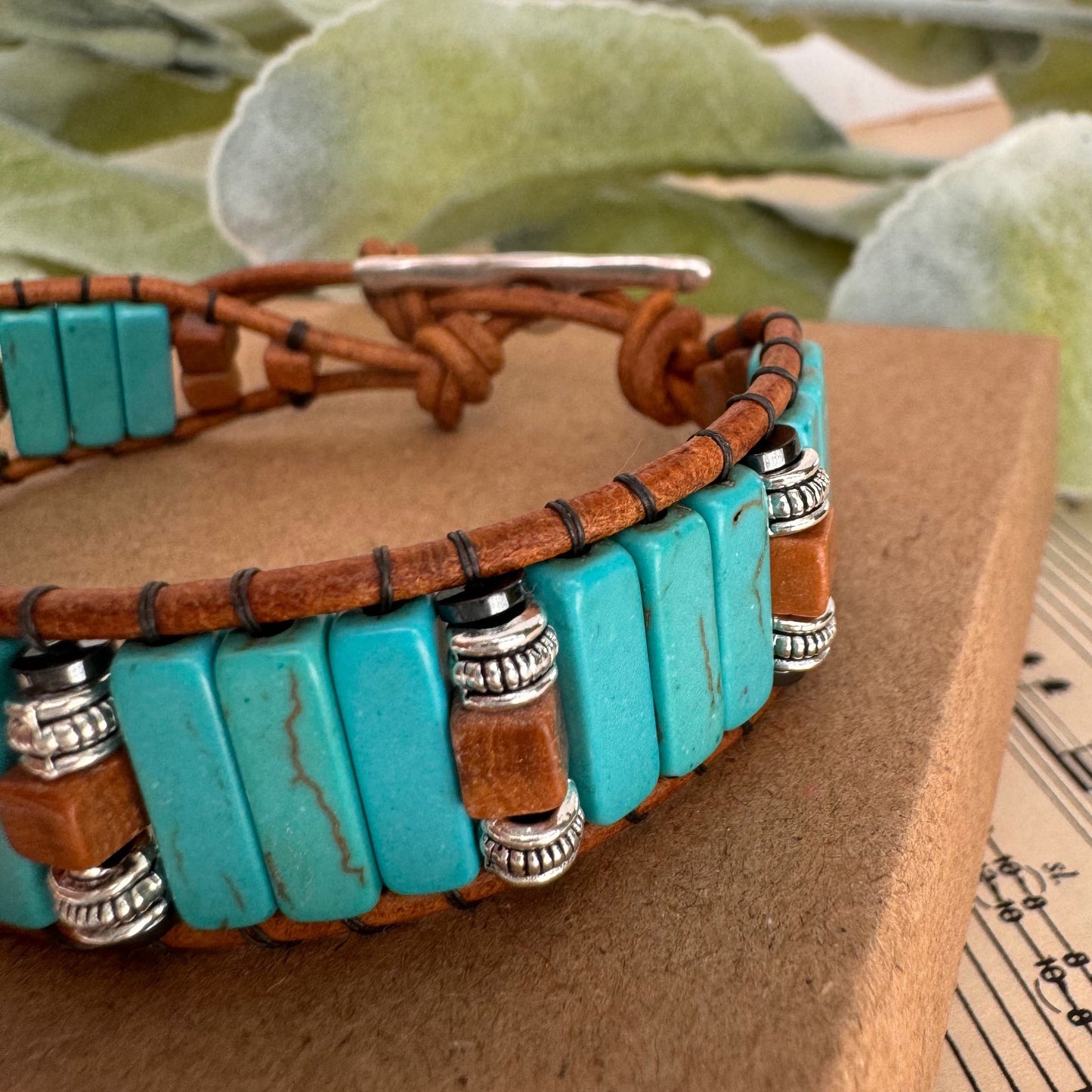 Turquoise & Tiger Skin Jasper Beaded Brown Leather Bracelet - Relax the Mind