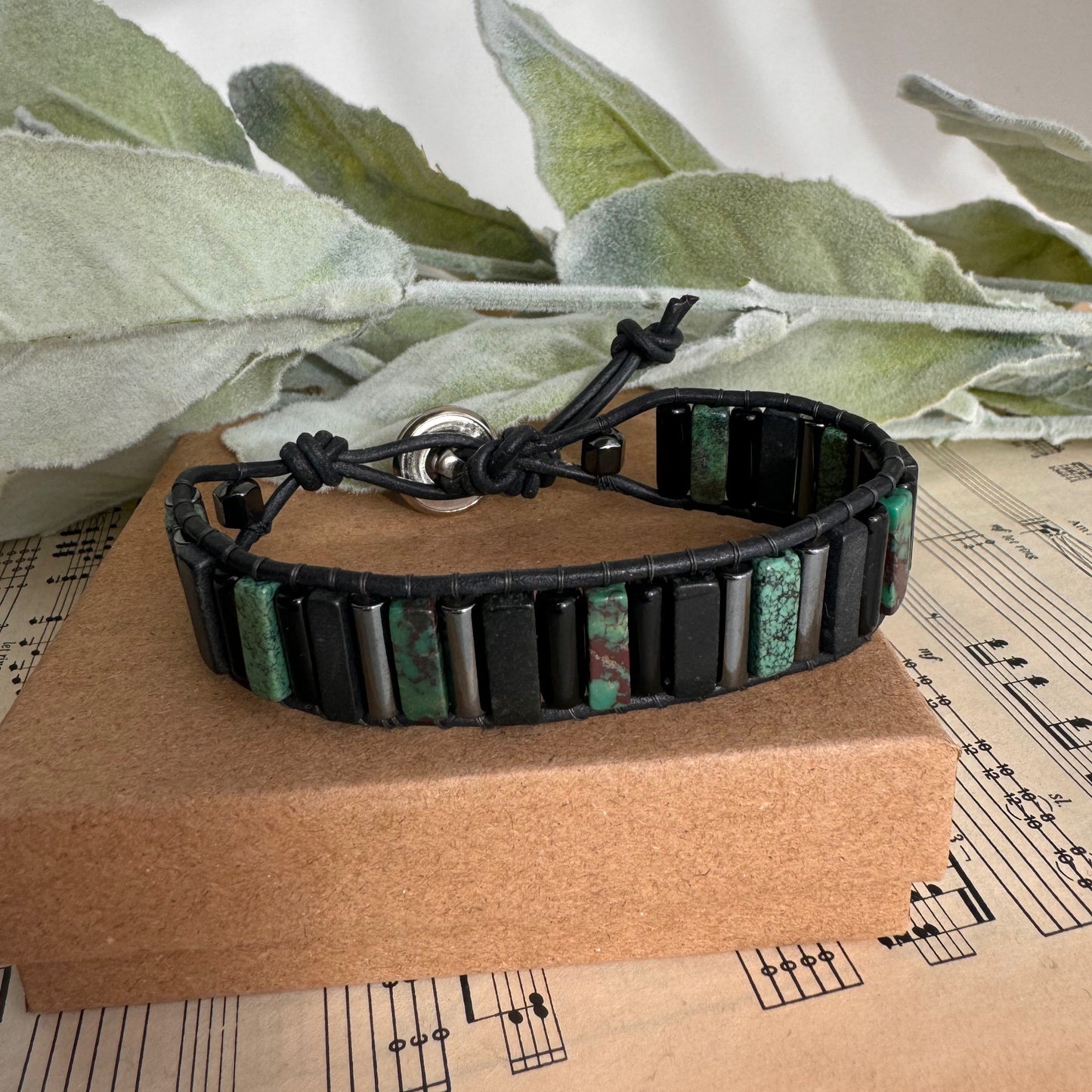 Beaded Black Leather Wrap Bracelet with Green/Blue Turquoise - Free Expression