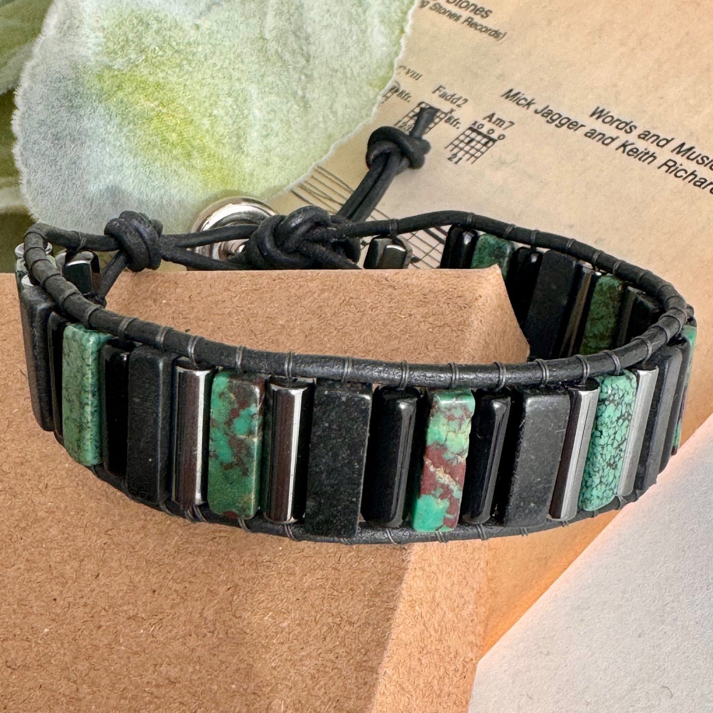 Beaded Black Leather Wrap Bracelet with Green/Blue Turquoise - Free Expression