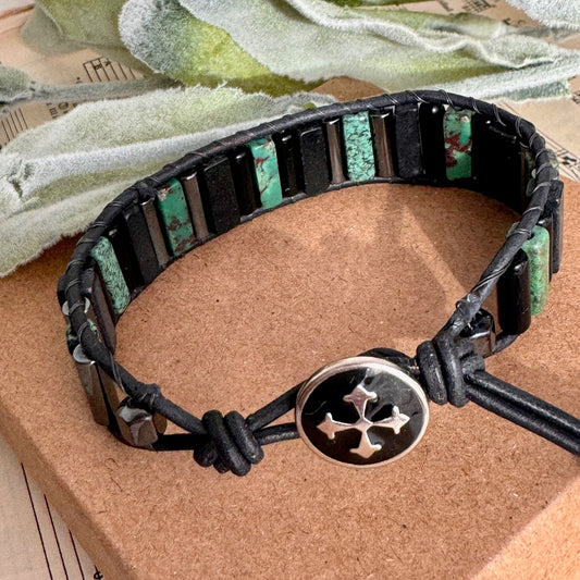 Beaded Black Leather Wrap Bracelet with Green/Blue Turquoise - Free Expression