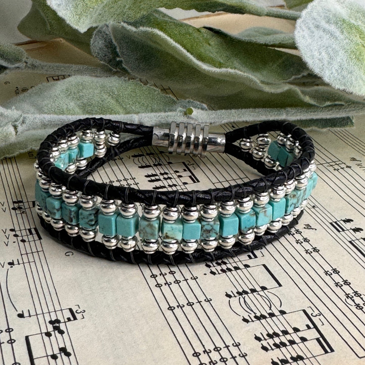 Turquoise and silver beaded Leather - Free Expression