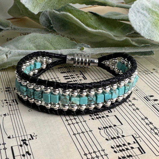 Turquoise and silver beaded Leather - Free Expression