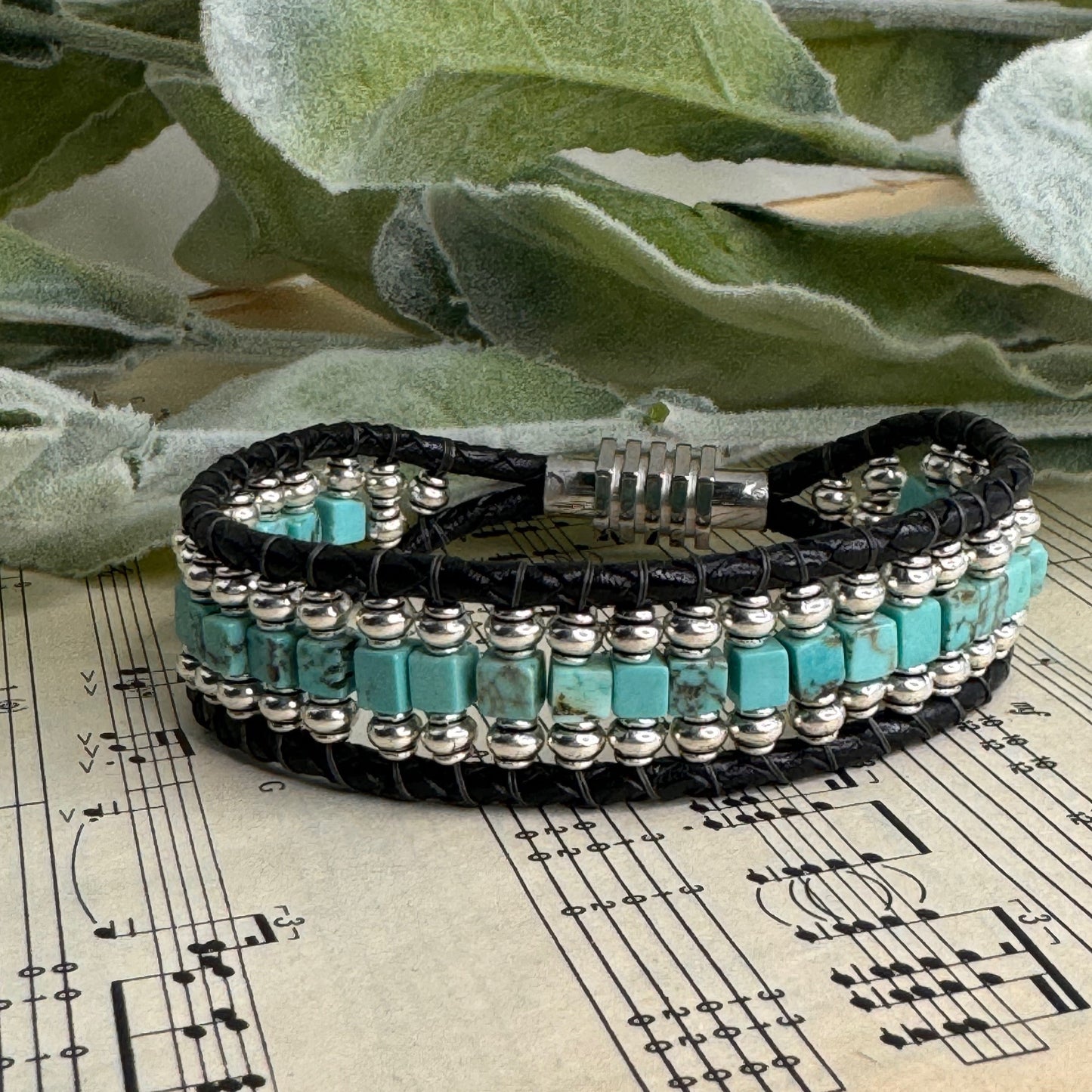 Turquoise and silver beaded Leather - Free Expression