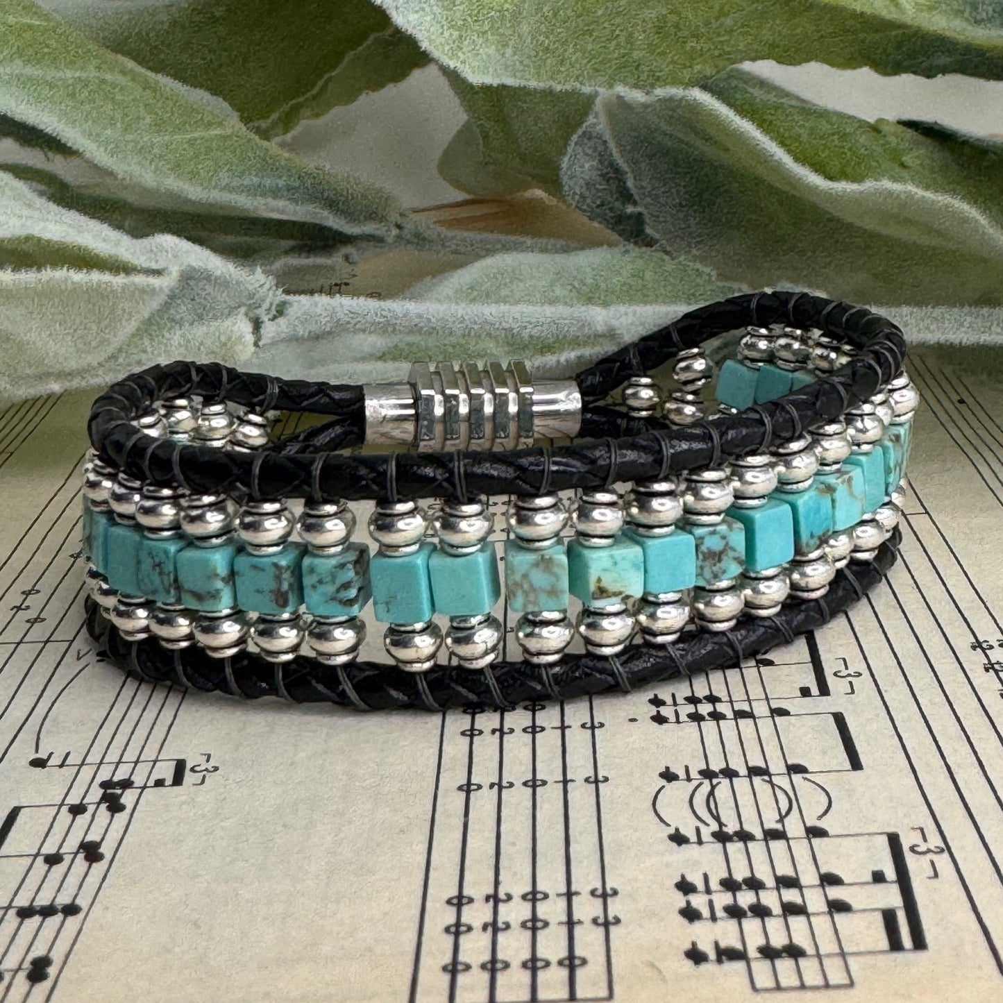 Turquoise and silver beaded Leather - Free Expression