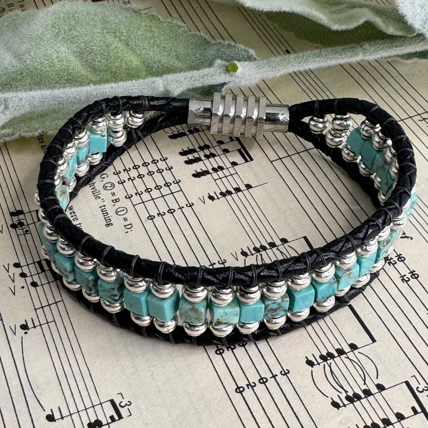 Turquoise and silver beaded Leather - Free Expression