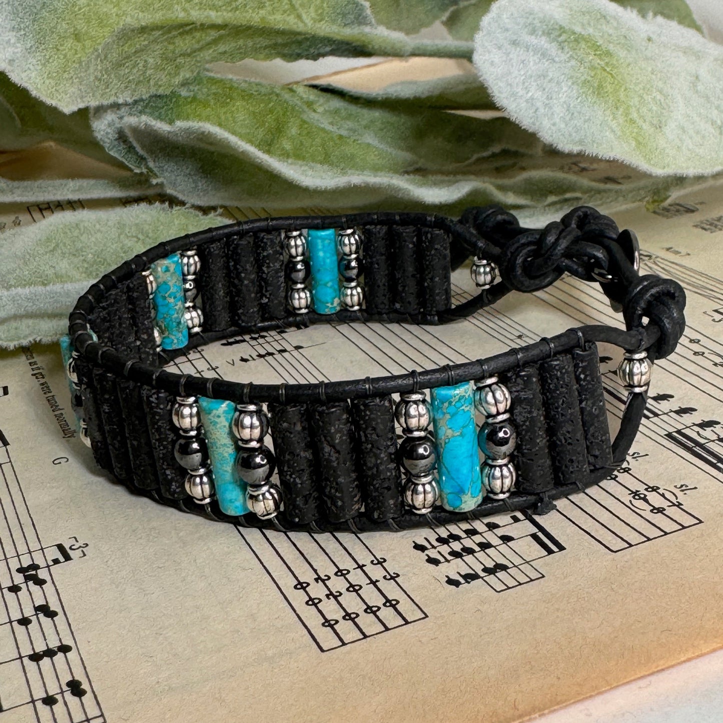 Sea Sediment Jasper and Black Lava Beaded Black Leather Bracelet - Earthly Charm