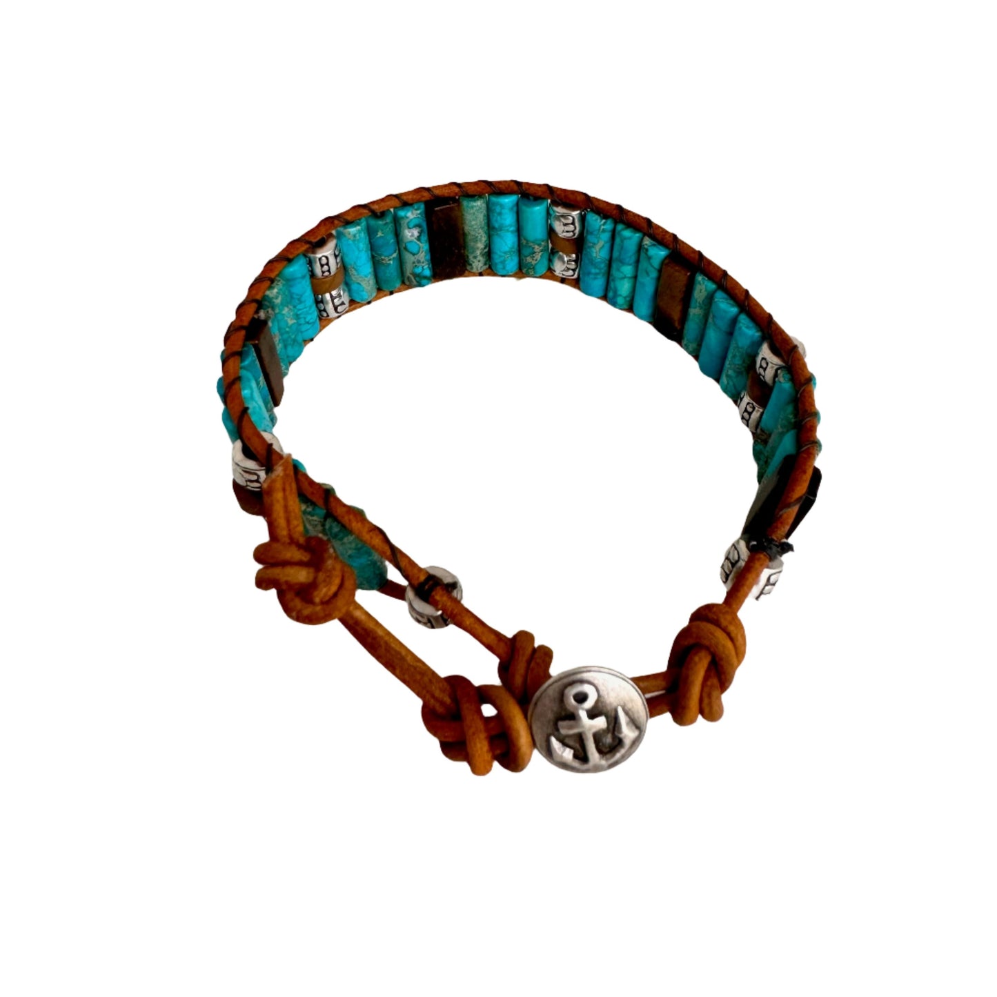 Sea Jasper with Tiger eye Beads Brown Leather Cuff Bracelet