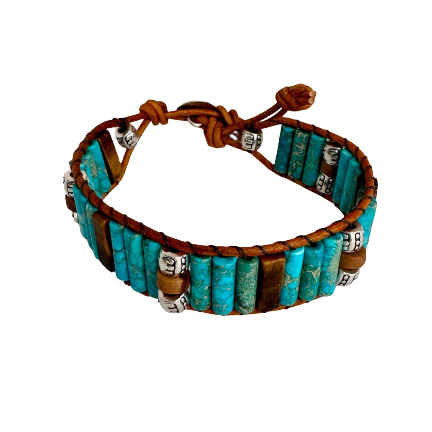 Sea Jasper with Tiger eye Beads Brown Leather Cuff Bracelet