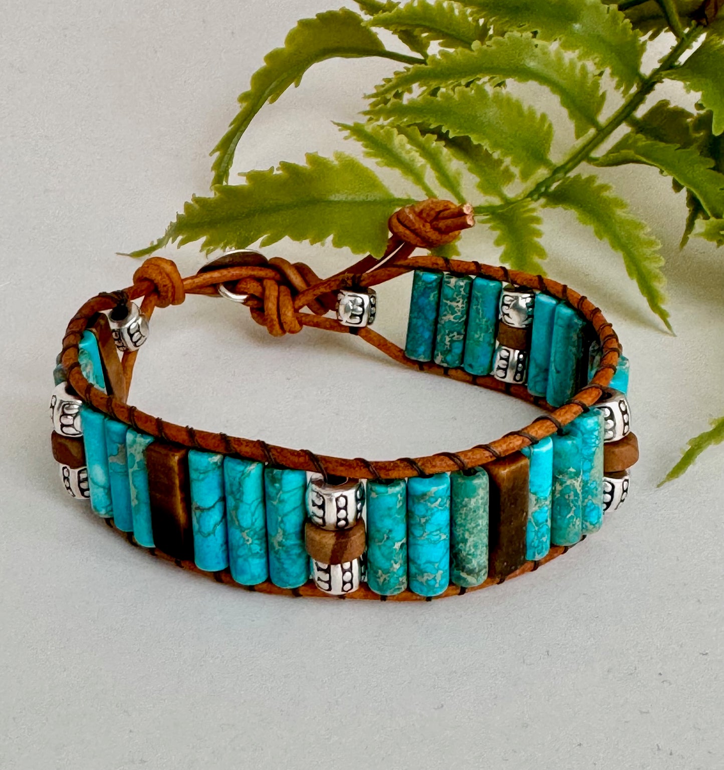 Sea Jasper with Tiger eye Beads Brown Leather Cuff Bracelet