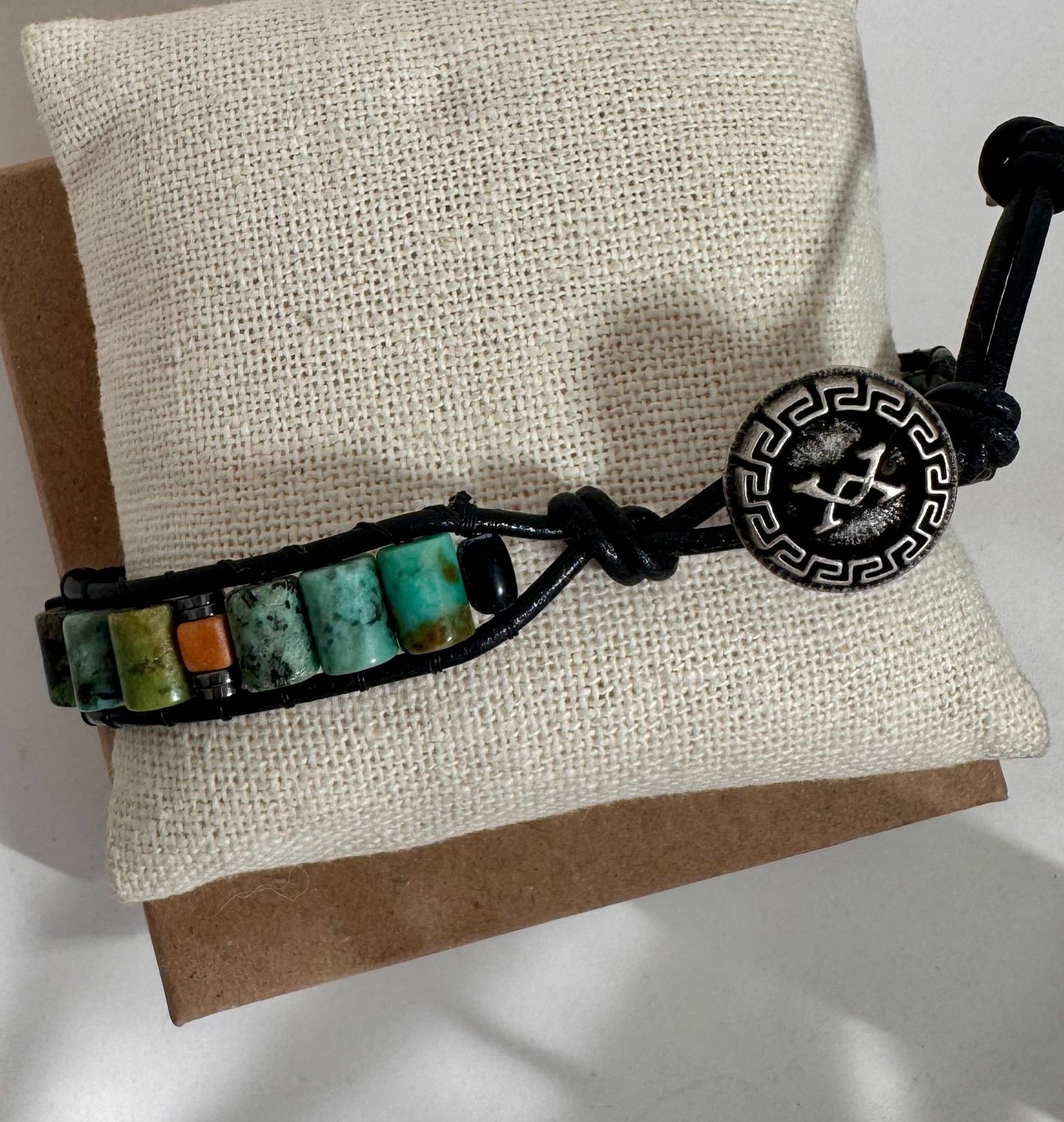 African Turquoise and Black Stone Beaded Black Leather Bracelet