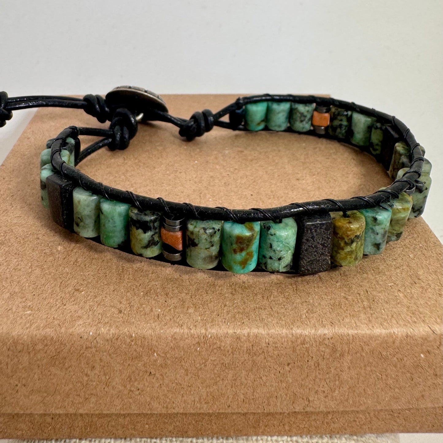 African Turquoise and Black Stone Beaded Black Leather Bracelet