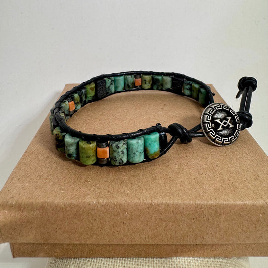 African Turquoise and Black Stone Beaded Black Leather Bracelet