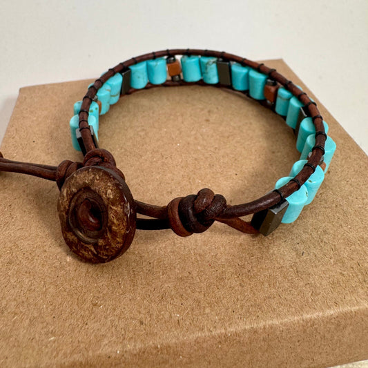 Turquoise and Hematite Beaded Brown Leather Bracelet