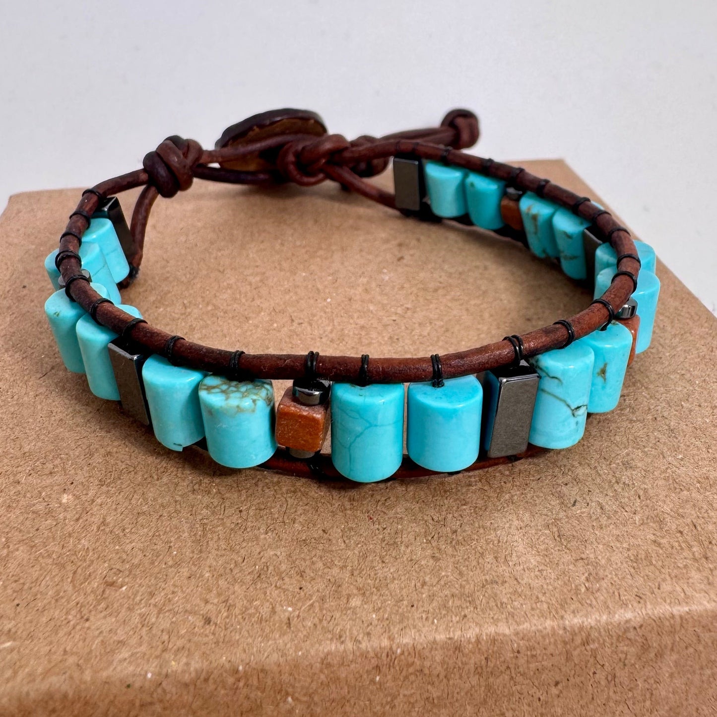 Turquoise and Hematite Beaded Brown Leather Bracelet