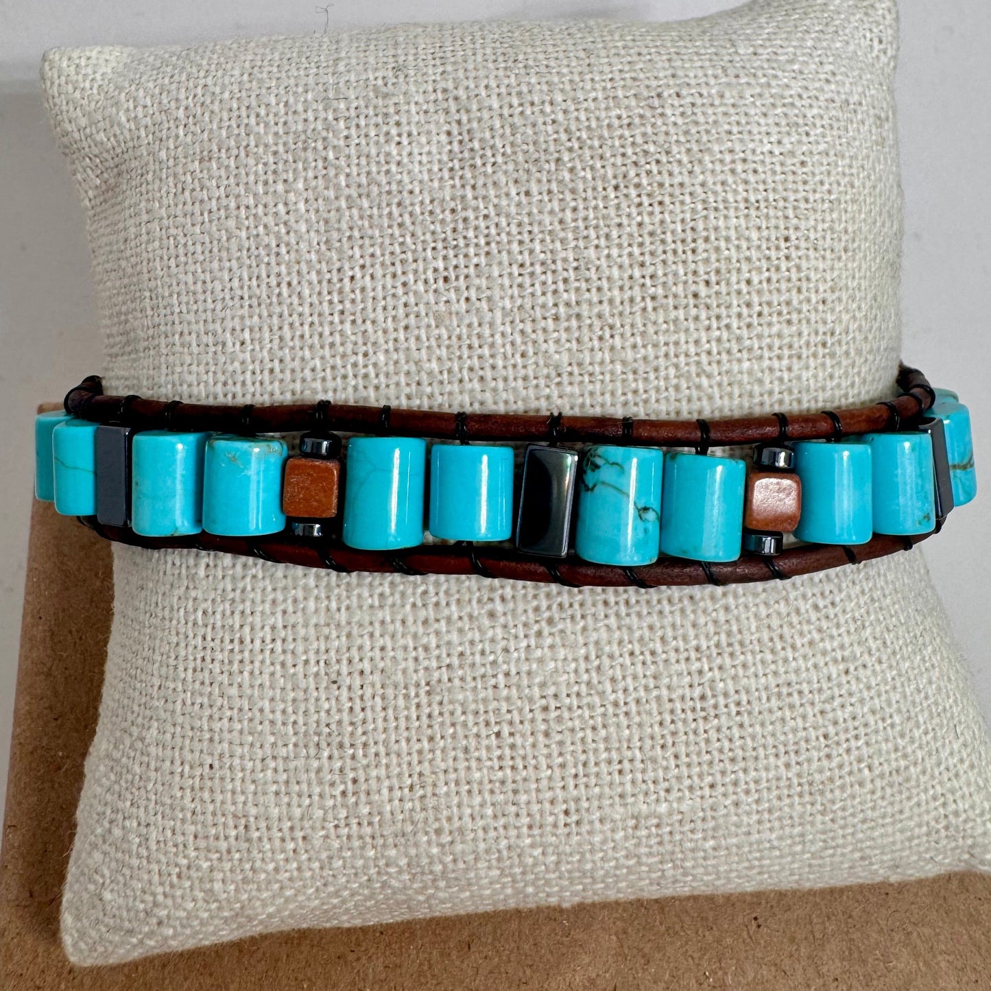 Turquoise and Hematite Beaded Brown Leather Bracelet