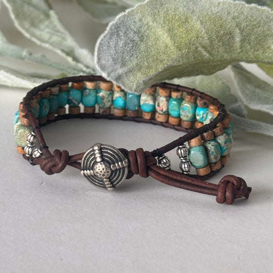 Earth & Ocean Harmony: Picture Jasper and Sea Sediment Leather Wrap Bracelet