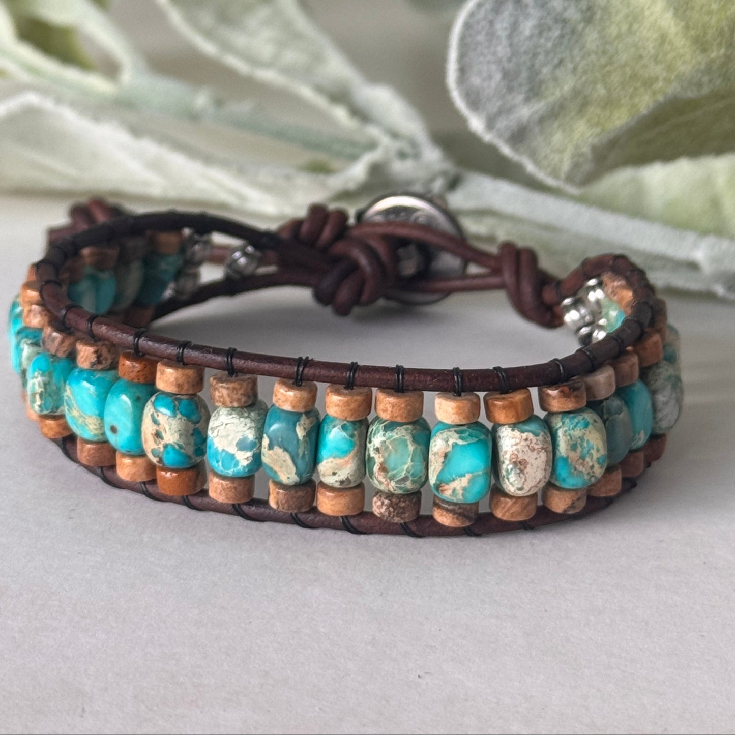 Earth & Ocean Harmony: Picture Jasper and Sea Sediment Leather Wrap Bracelet