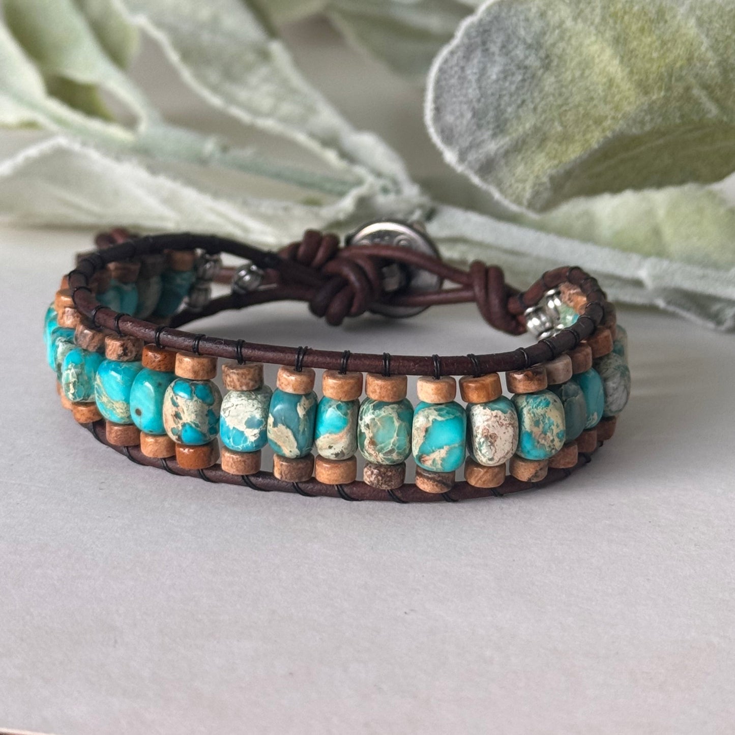 Earth & Ocean Harmony: Picture Jasper and Sea Sediment Leather Wrap Bracelet