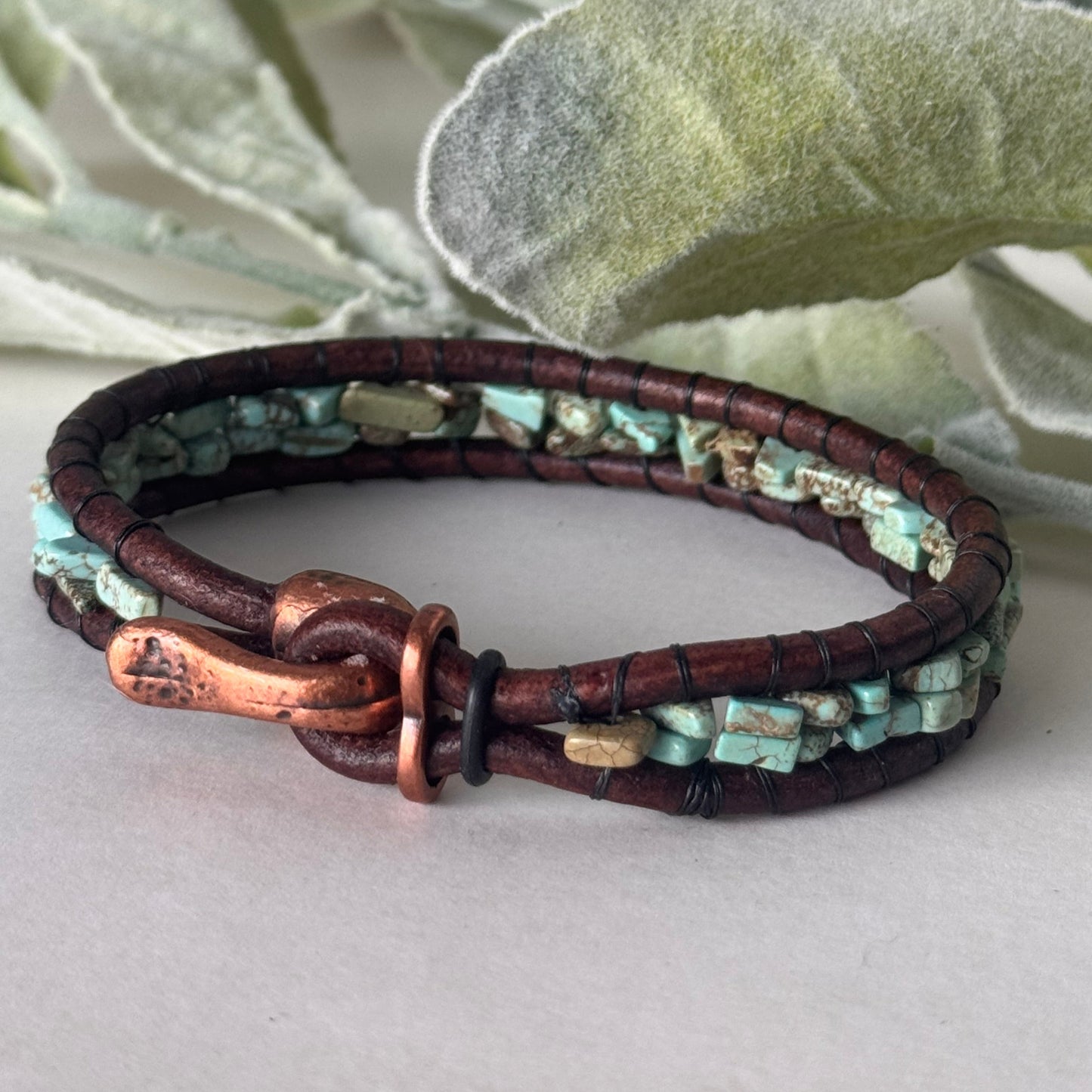 Sierra Ridge Bracelet - Brown Leather & Copper Clasp Bracelet with Turquoise Chip Beads