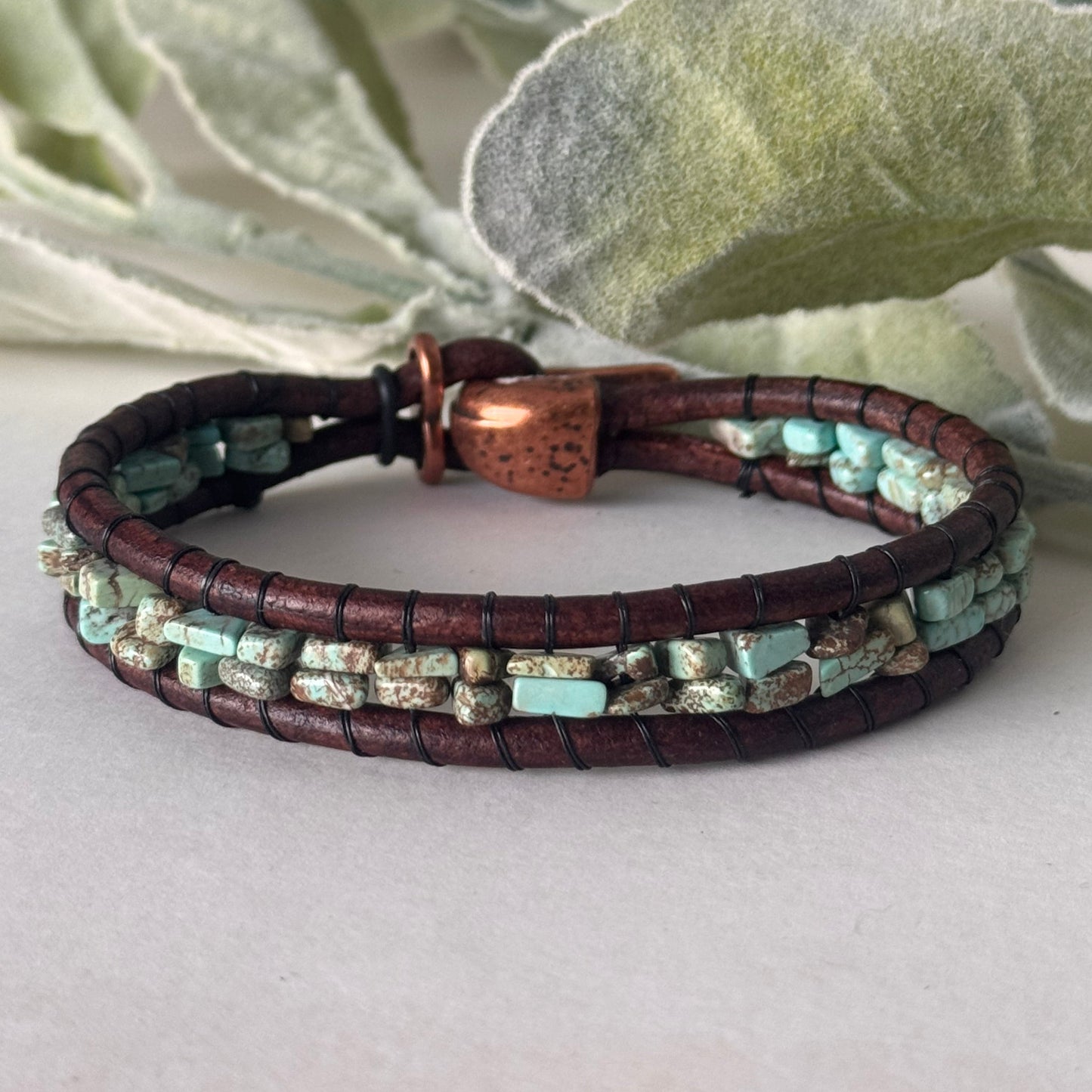 Sierra Ridge Bracelet - Brown Leather & Copper Clasp Bracelet with Turquoise Chip Beads