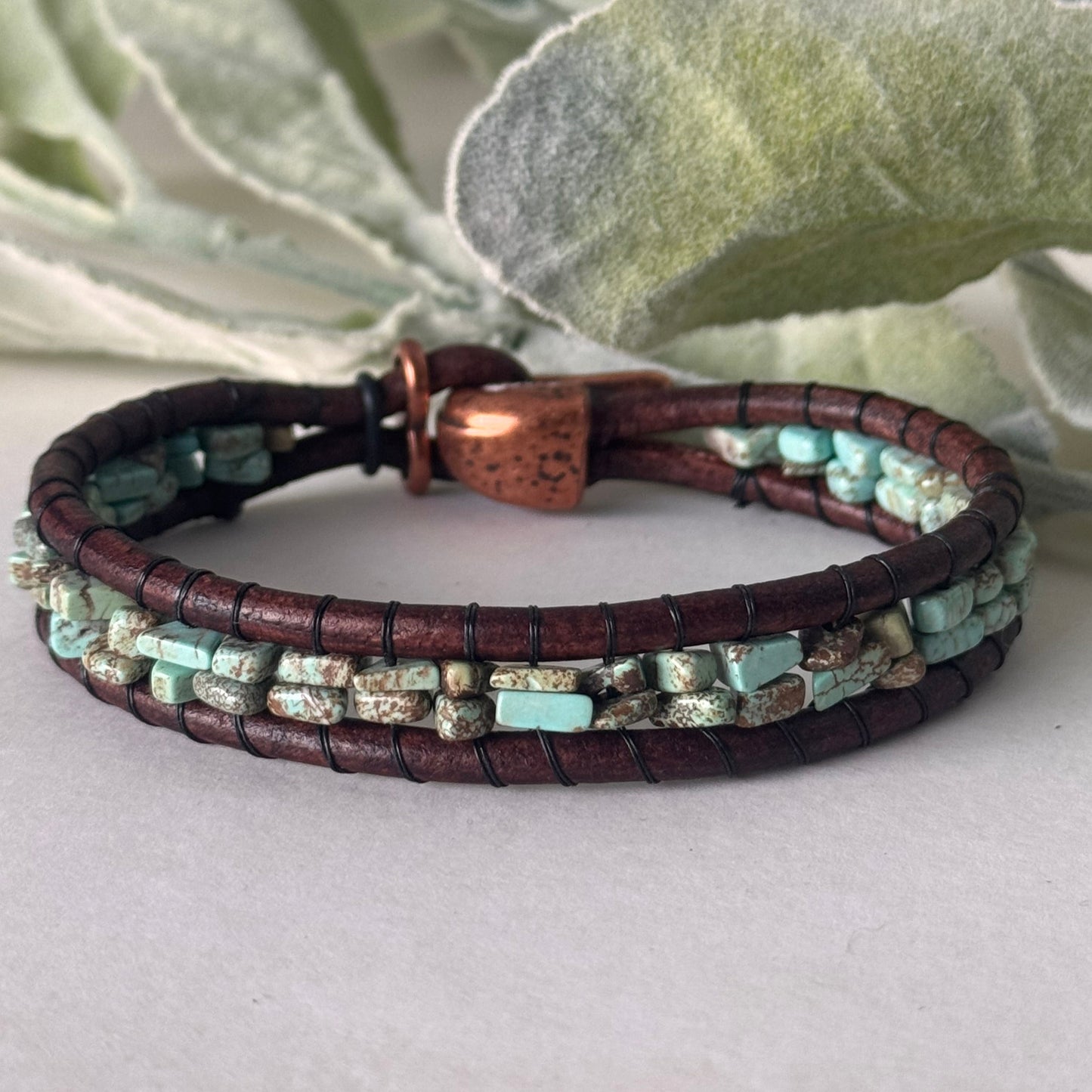 Sierra Ridge Bracelet - Brown Leather & Copper Clasp Bracelet with Turquoise Chip Beads