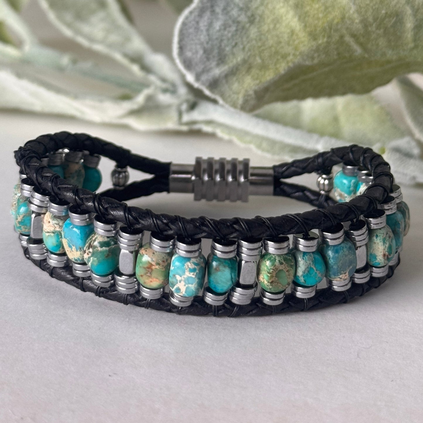 Earth Meets Sea: Sea Sediment Jasper and Hematite Bracelet on Black Leather Magnetic Clasp