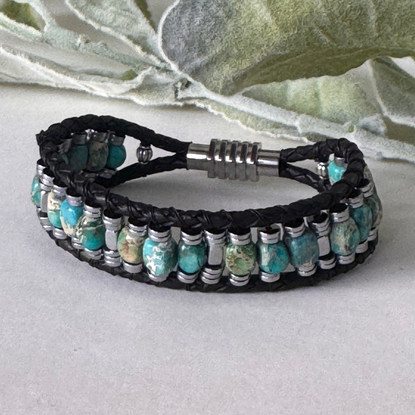 Earth Meets Sea: Sea Sediment Jasper and Hematite Bracelet on Black Leather Magnetic Clasp