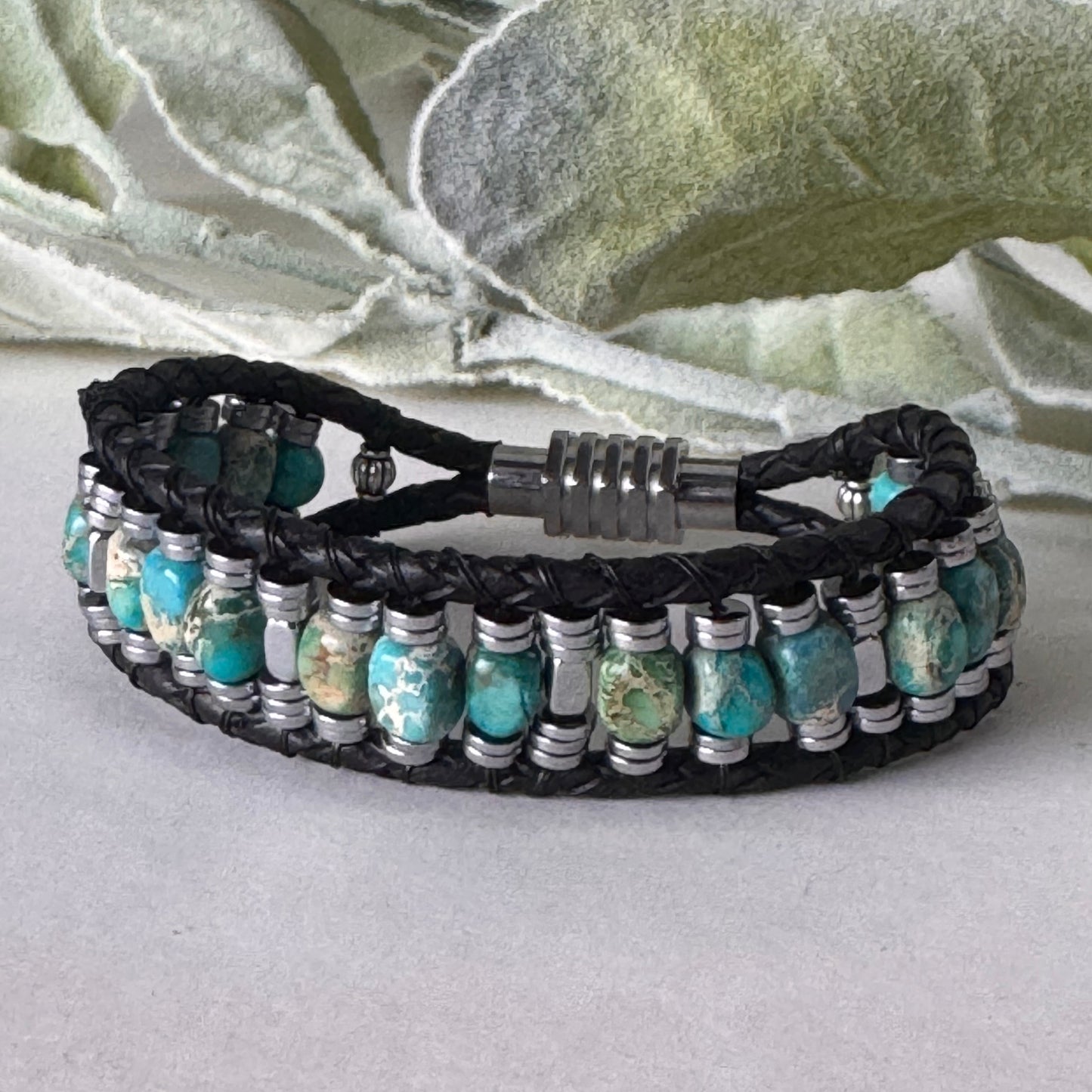 Earth Meets Sea: Sea Sediment Jasper and Hematite Bracelet on Black Leather Magnetic Clasp