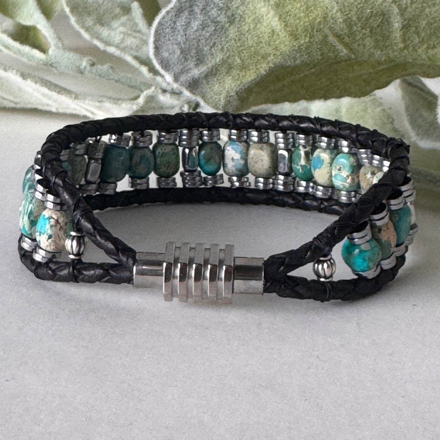 Earth Meets Sea: Sea Sediment Jasper and Hematite Bracelet on Black Leather Magnetic Clasp