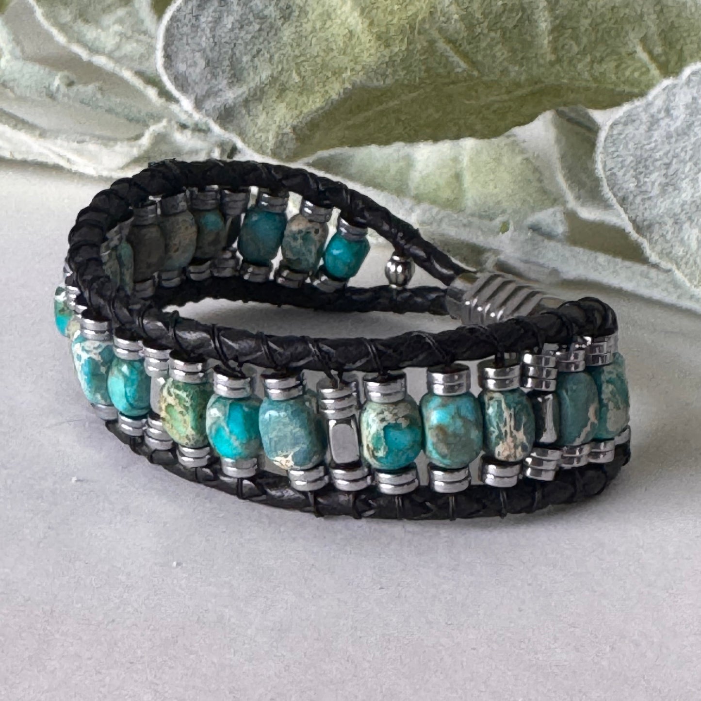 Earth Meets Sea: Sea Sediment Jasper and Hematite Bracelet on Black Leather Magnetic Clasp