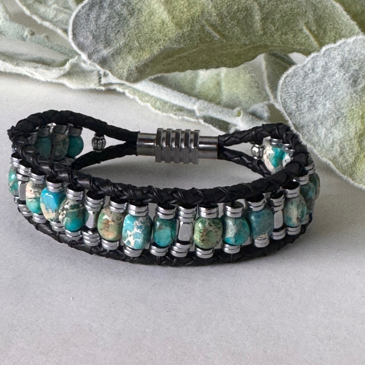 Earth Meets Sea: Sea Sediment Jasper and Hematite Bracelet on Black Leather Magnetic Clasp