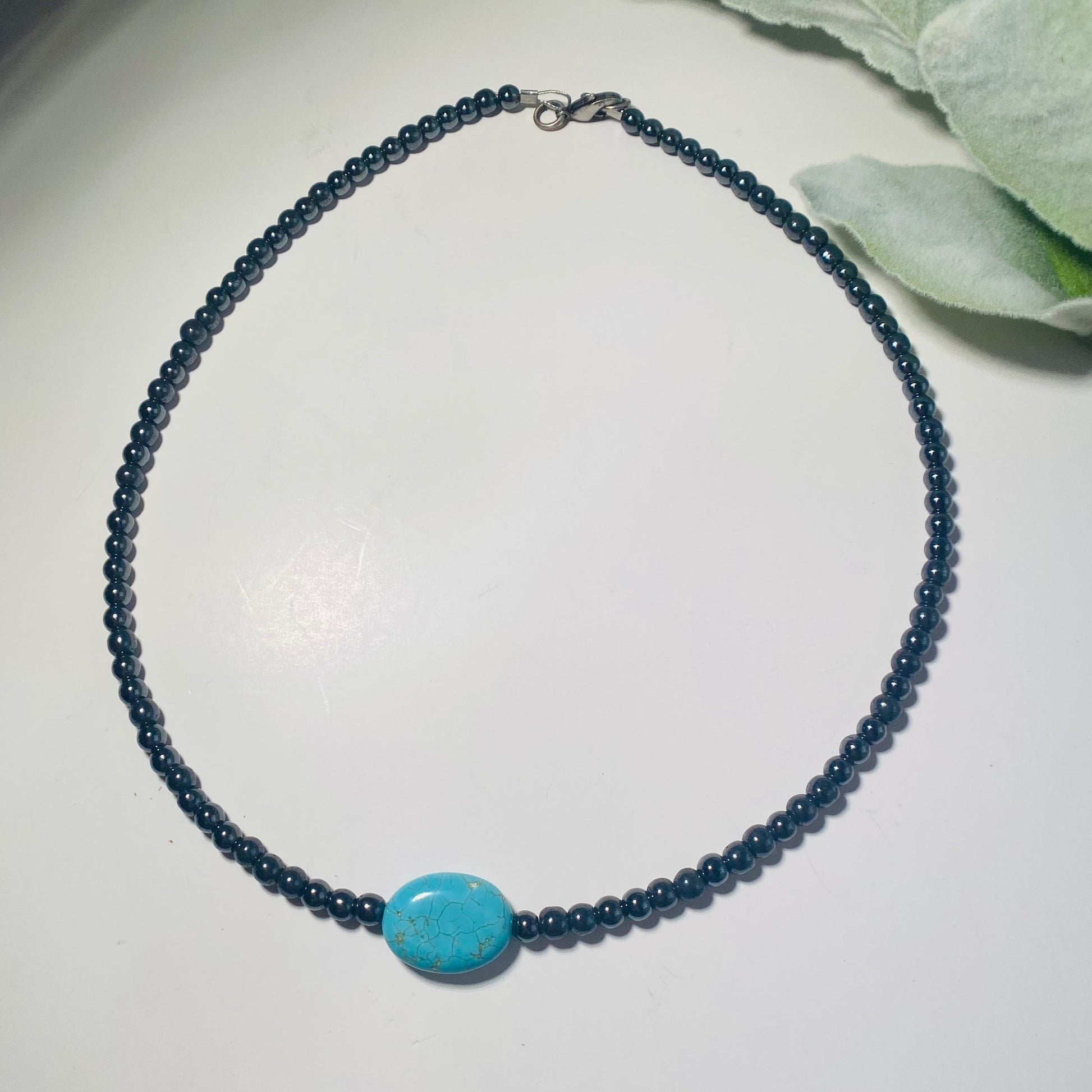 Turquoise, Hematite beaded necklace choker