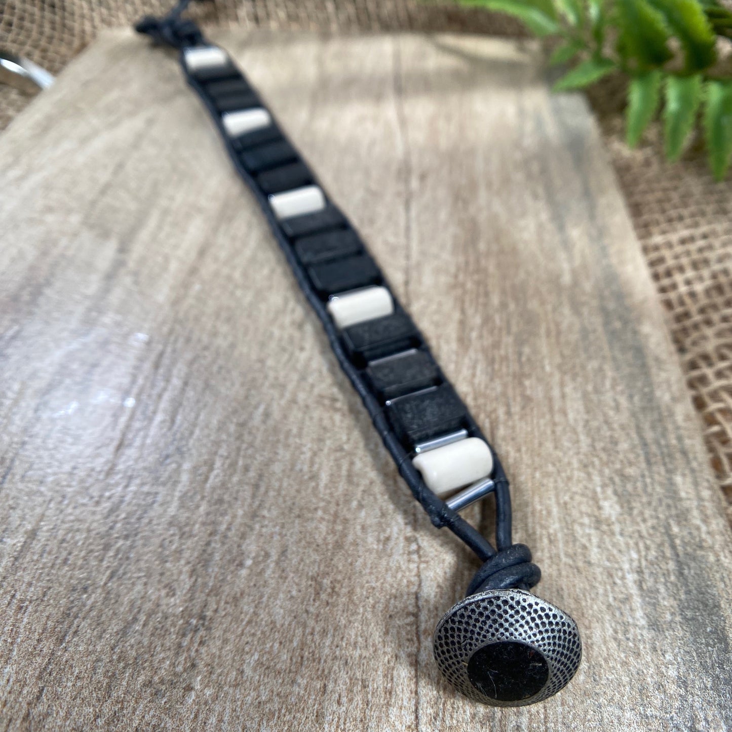 Black & White Mens Gemstone Beaded Black Leather Bracelet