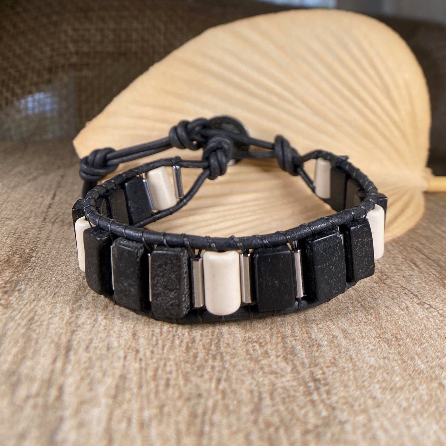 Black & White Mens Gemstone Beaded Black Leather Bracelet