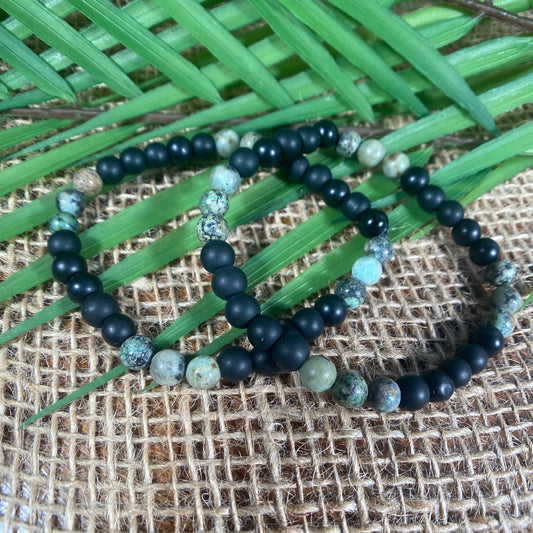 Black onyx and African turquoise beaded bracelet set of two