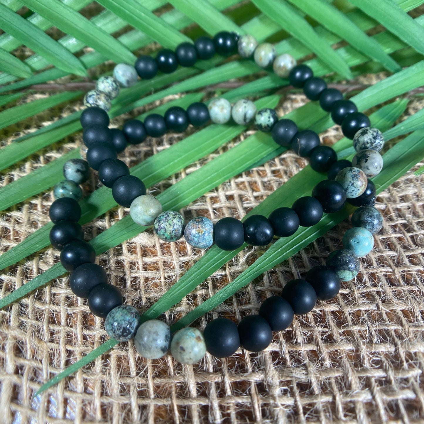 Black Onyx and African Turquoise 6mm Beaded Stretch Bracelet