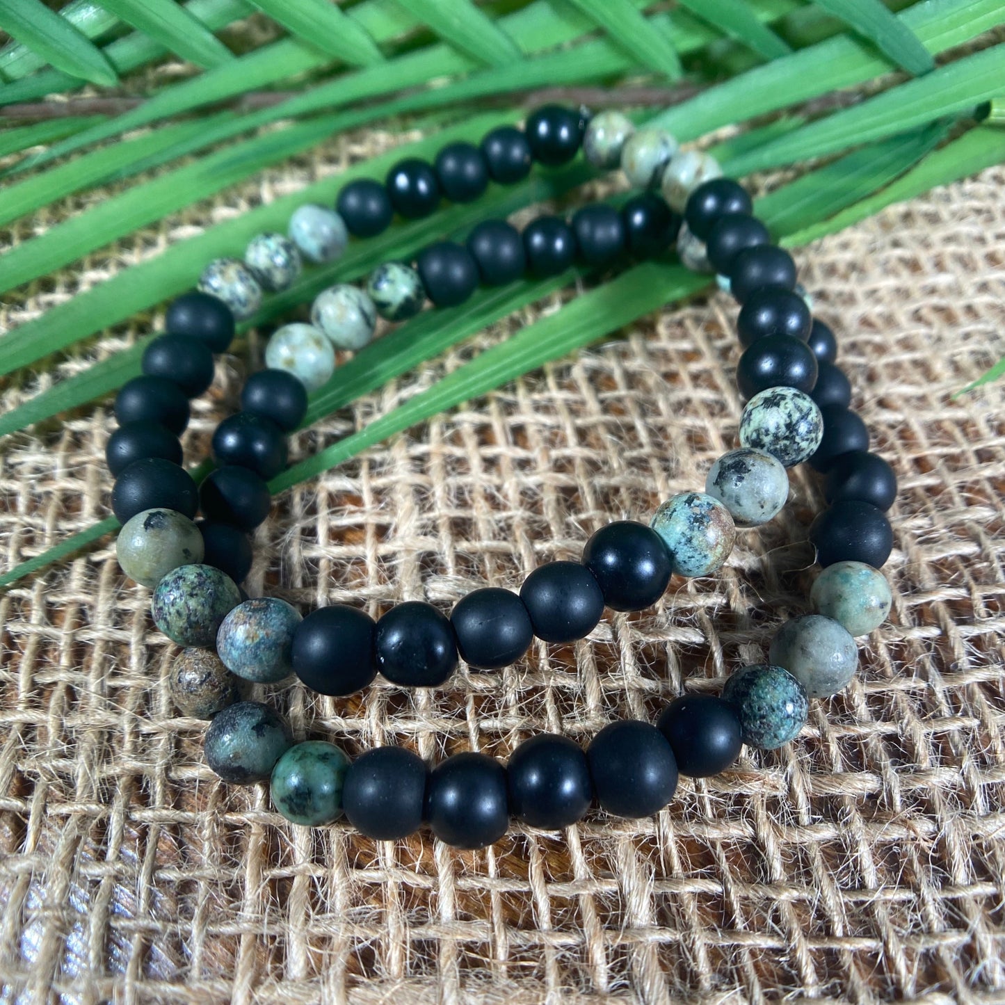 Black Onyx and African Turquoise 6mm Beaded Stretch Bracelet