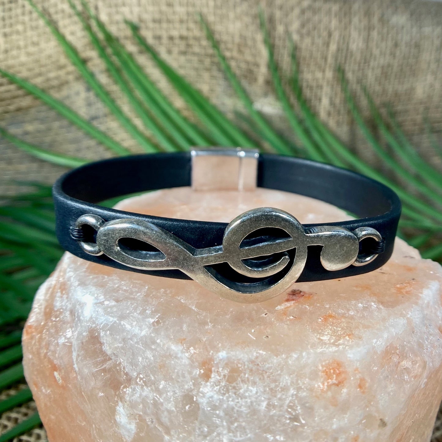 Music Lovers Black Leather Bracelet with Clef Music Note