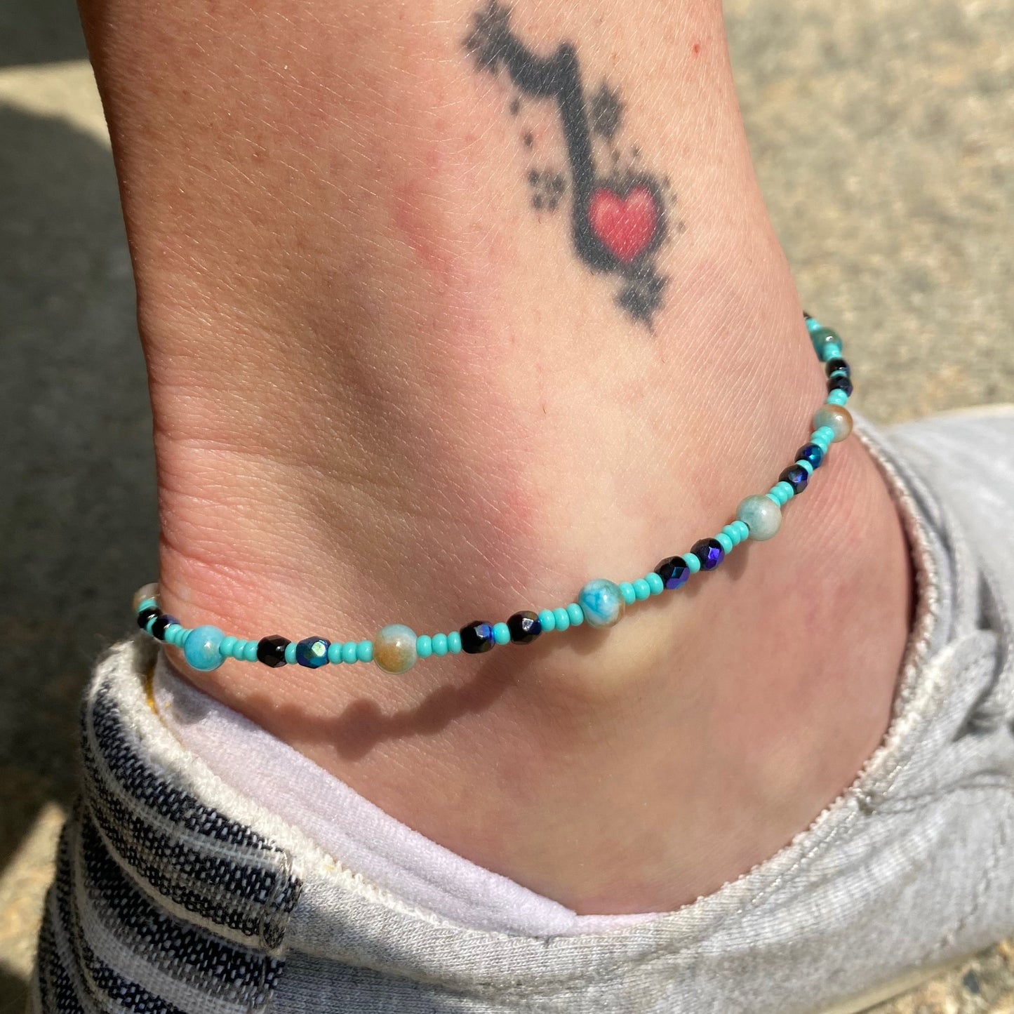 Ankle Bracelet / Bracelet Amazonite, Dark Blue Crystal and Turquoise Seed Beads