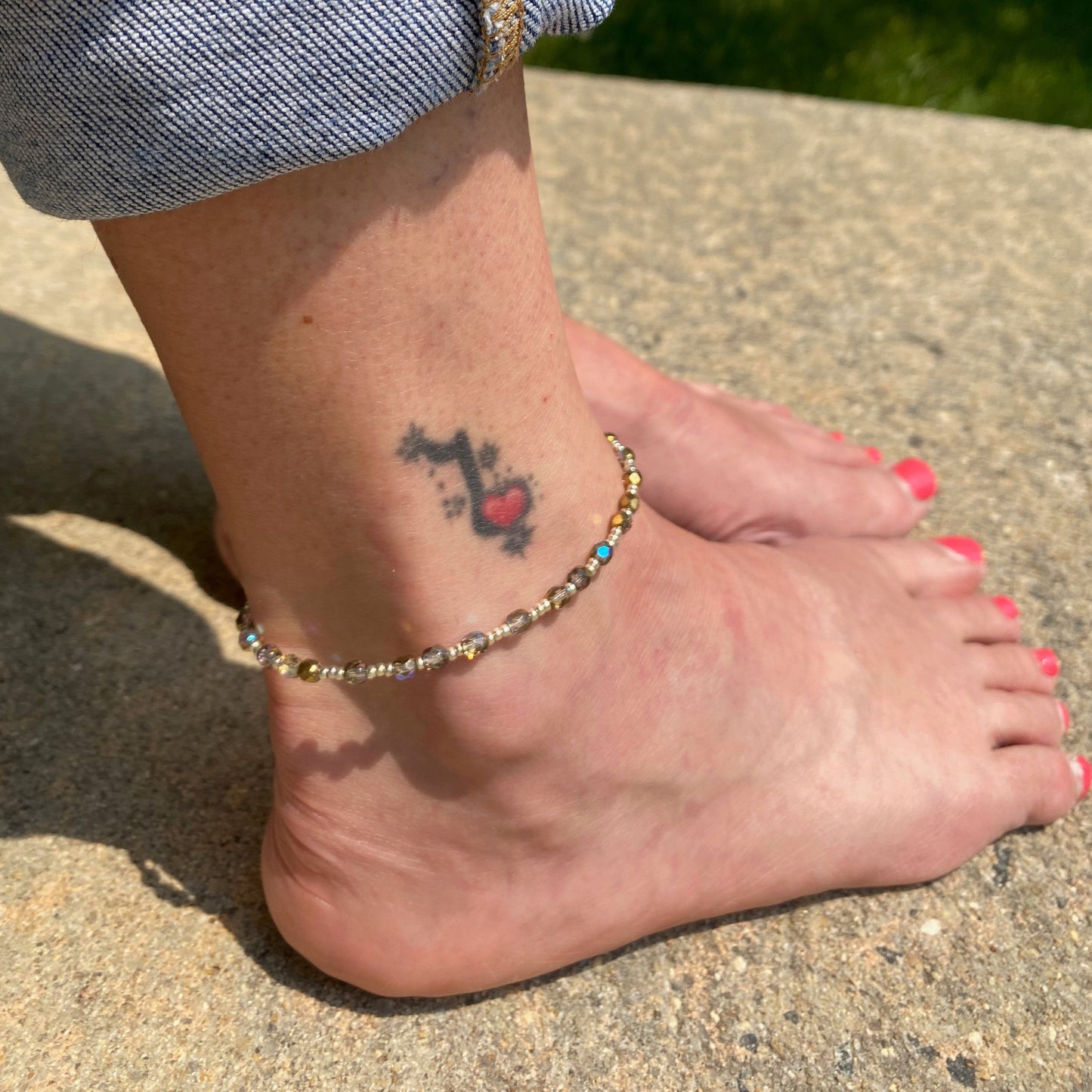 Ankle Bracelet / Bracelet Golden Rainbow Crystals and Silver Seed Beads