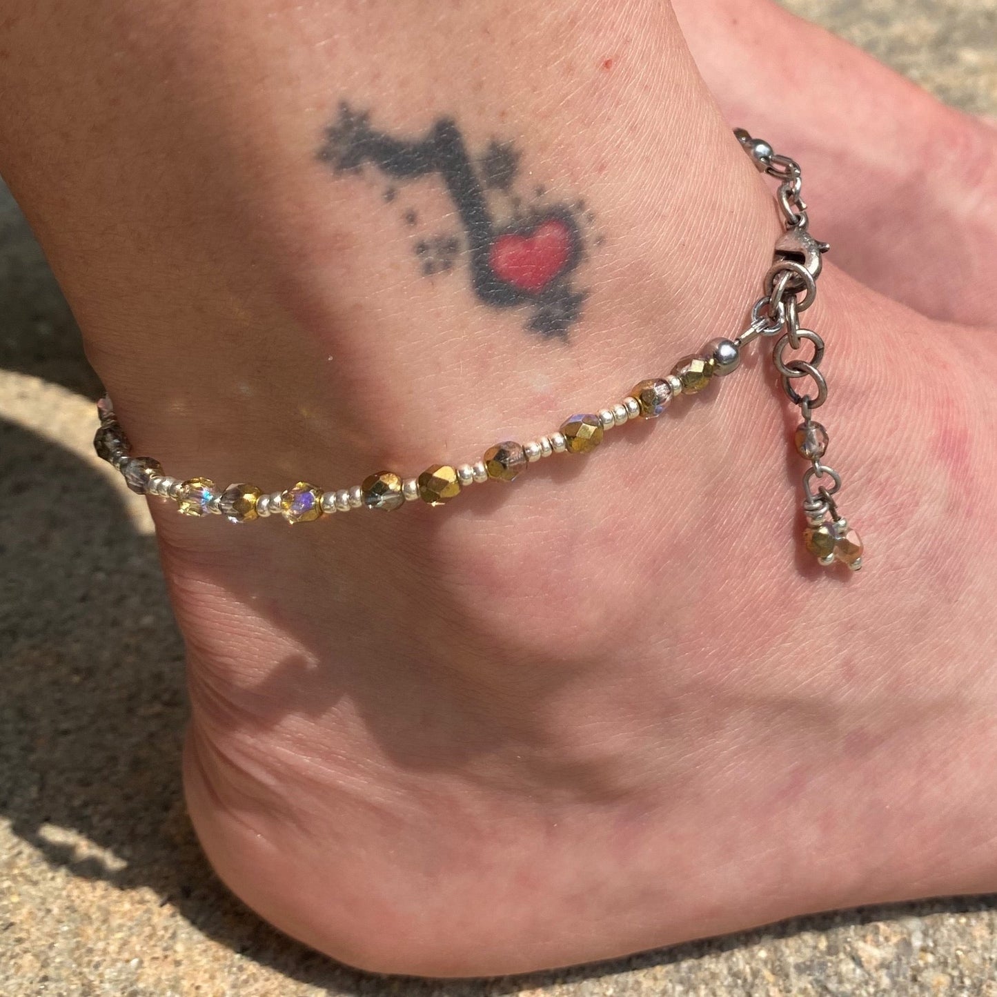 Ankle Bracelet / Bracelet Golden Rainbow Crystals and Silver Seed Beads