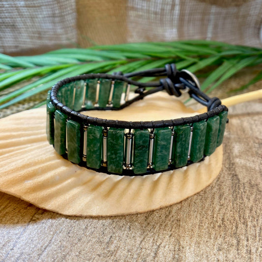 African Jade & Hematite Beaded black leather cuff bracelet