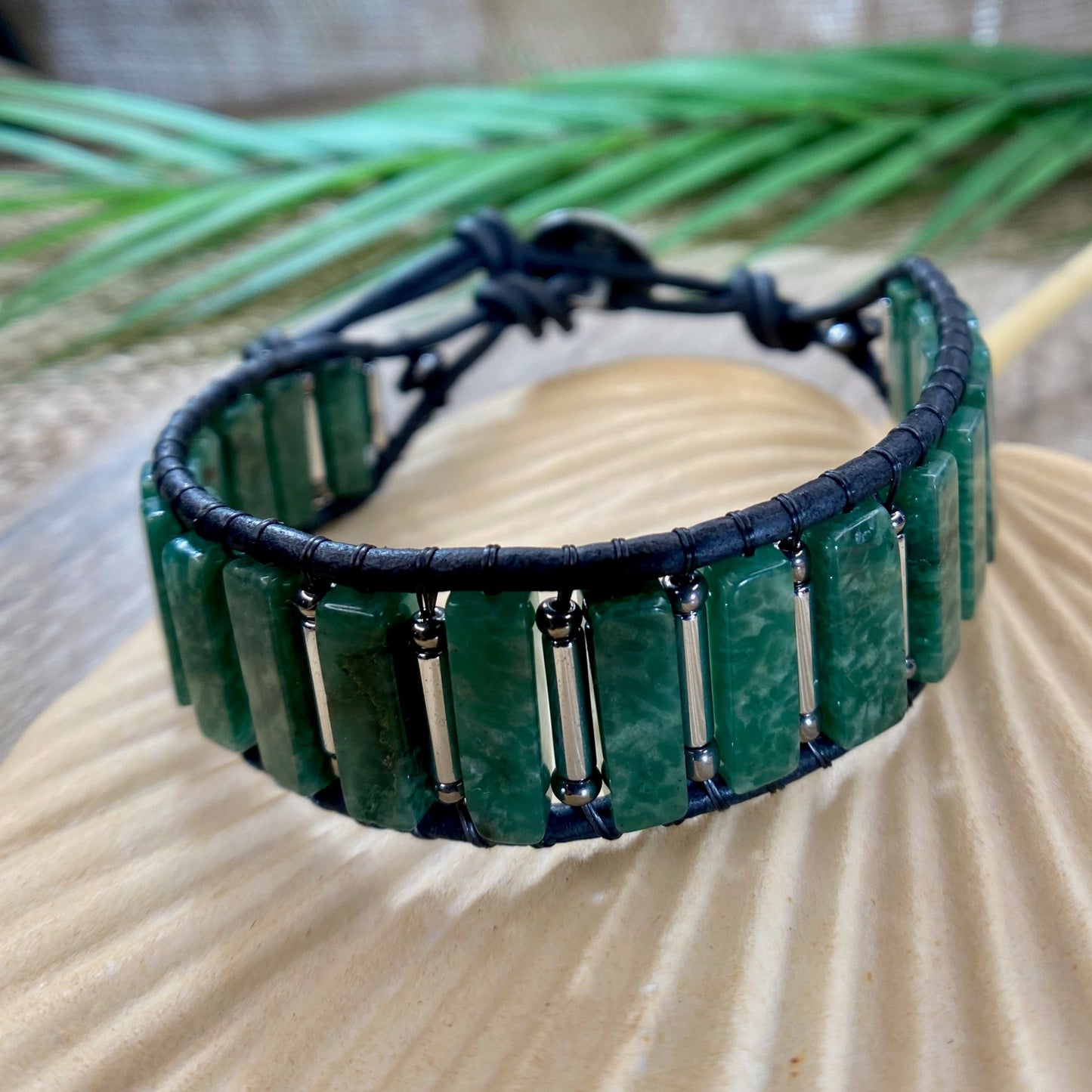 African Jade & Hematite Beaded Black Leather Bracelet - No Negative Energy Here