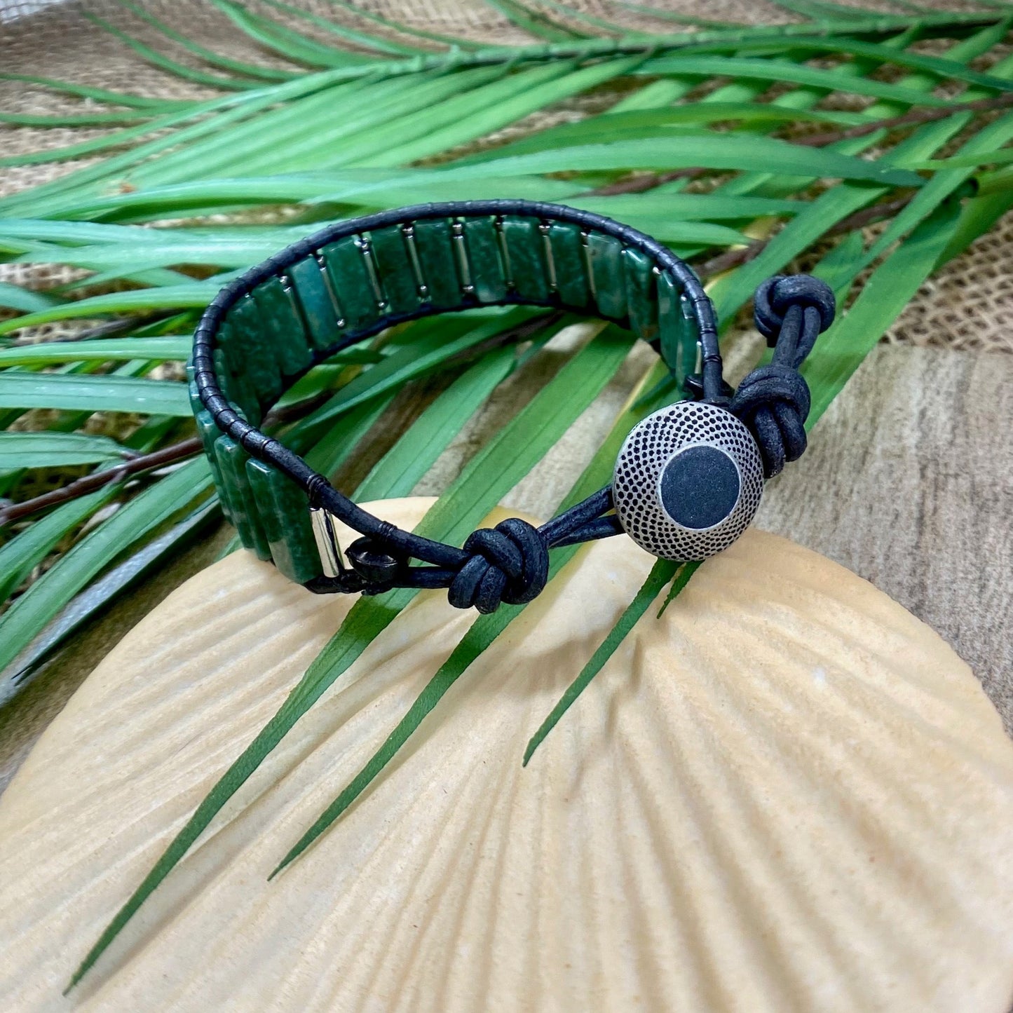 African Jade & Hematite Beaded Black Leather Bracelet - No Negative Energy Here