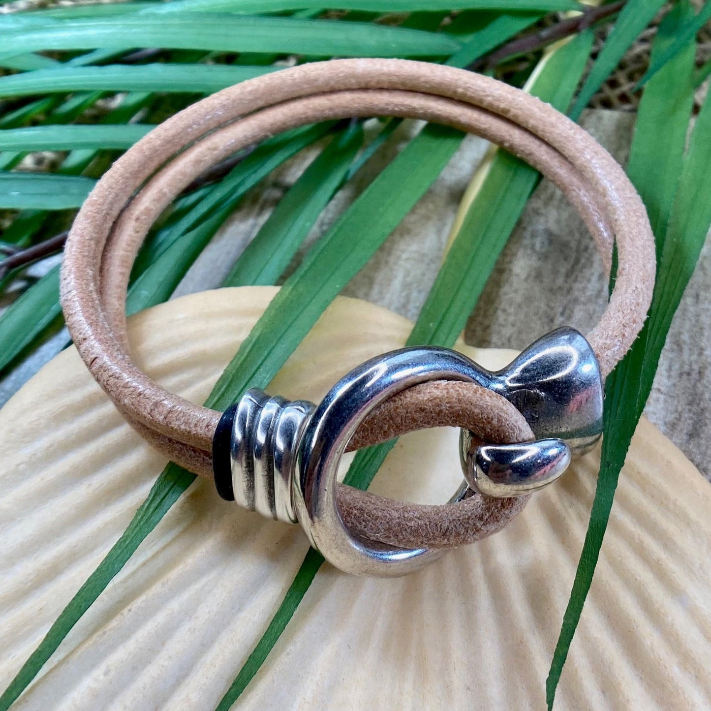 Black or Natural Leather Cord Bracelet with Antique Silver Hook Clasp