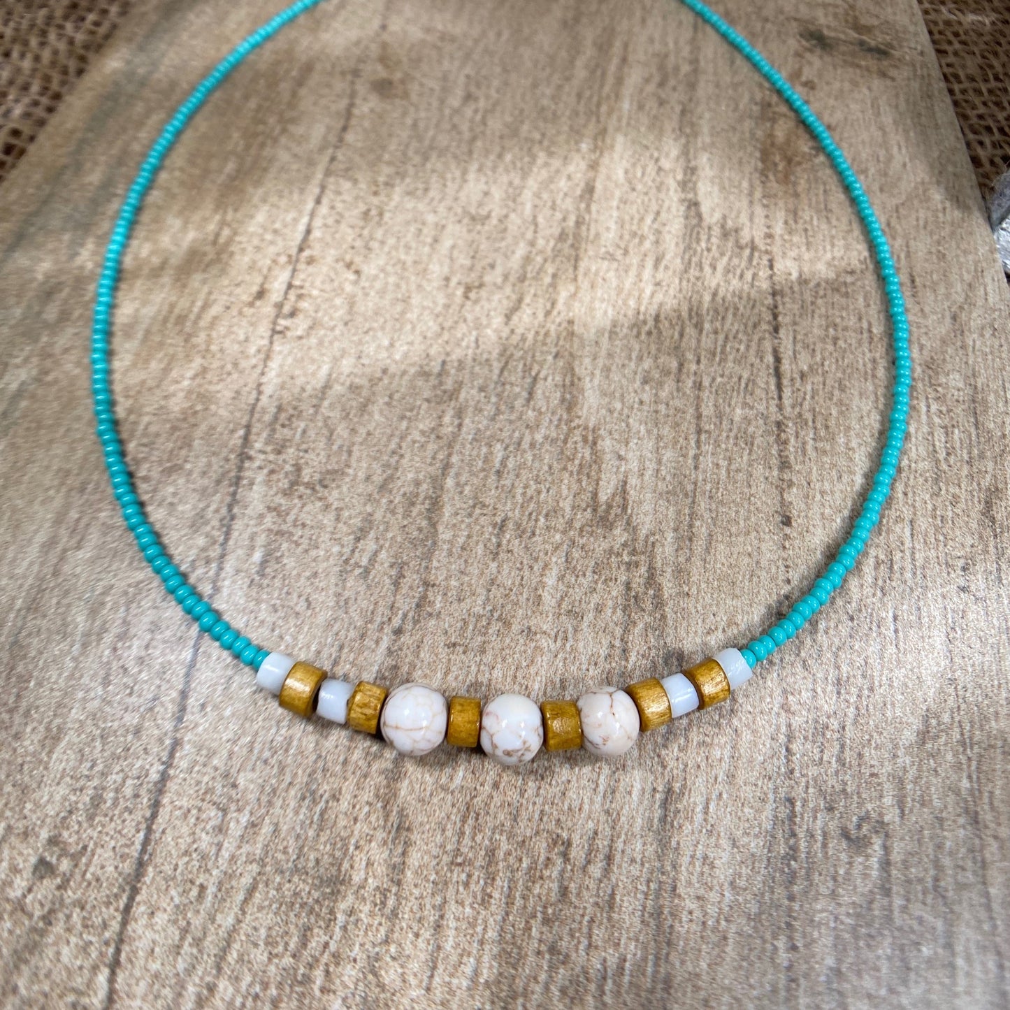 Beaded Choker Necklace Turquoise Seed Beads, White Turquoise