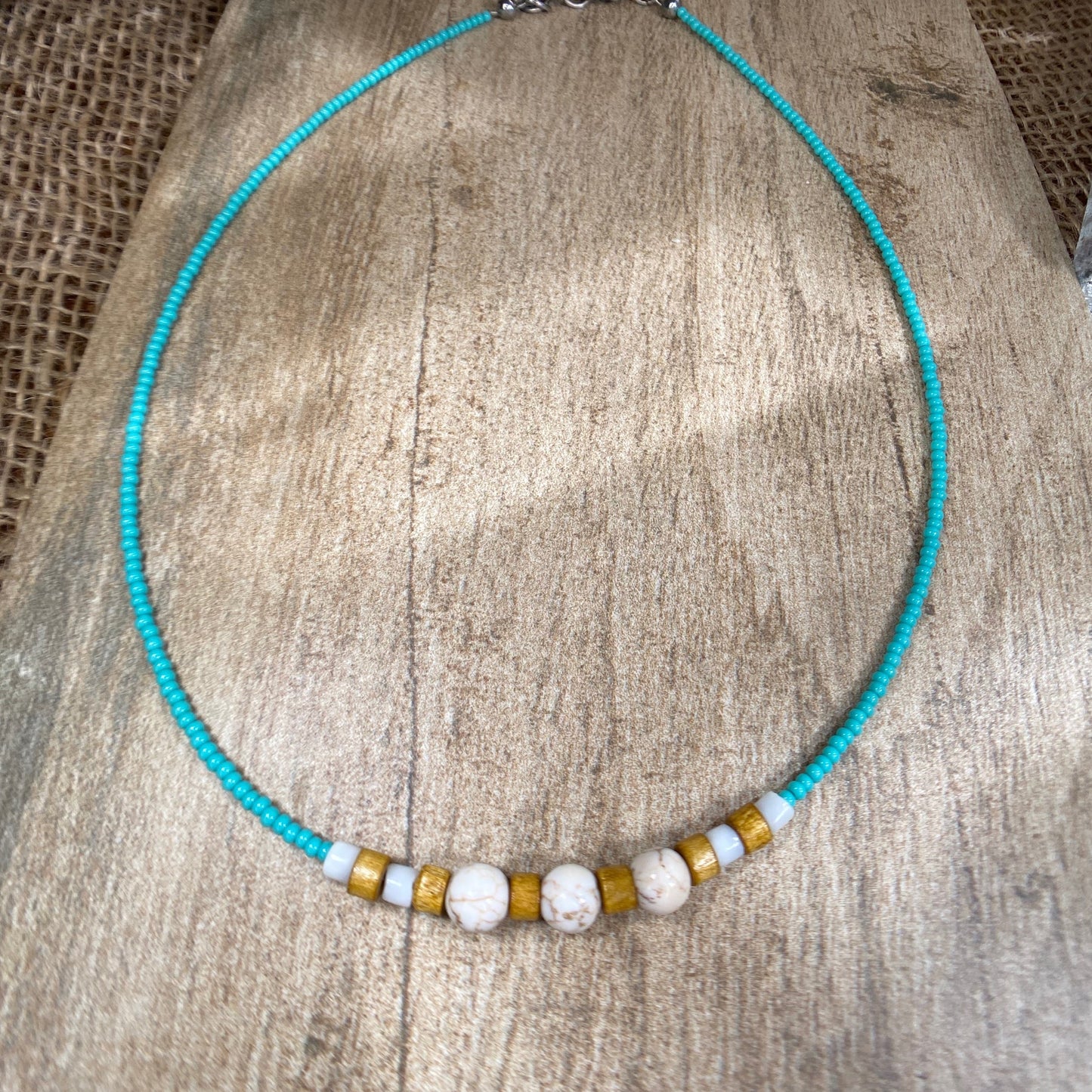 Beaded Choker Necklace Turquoise Seed Beads, White Turquoise