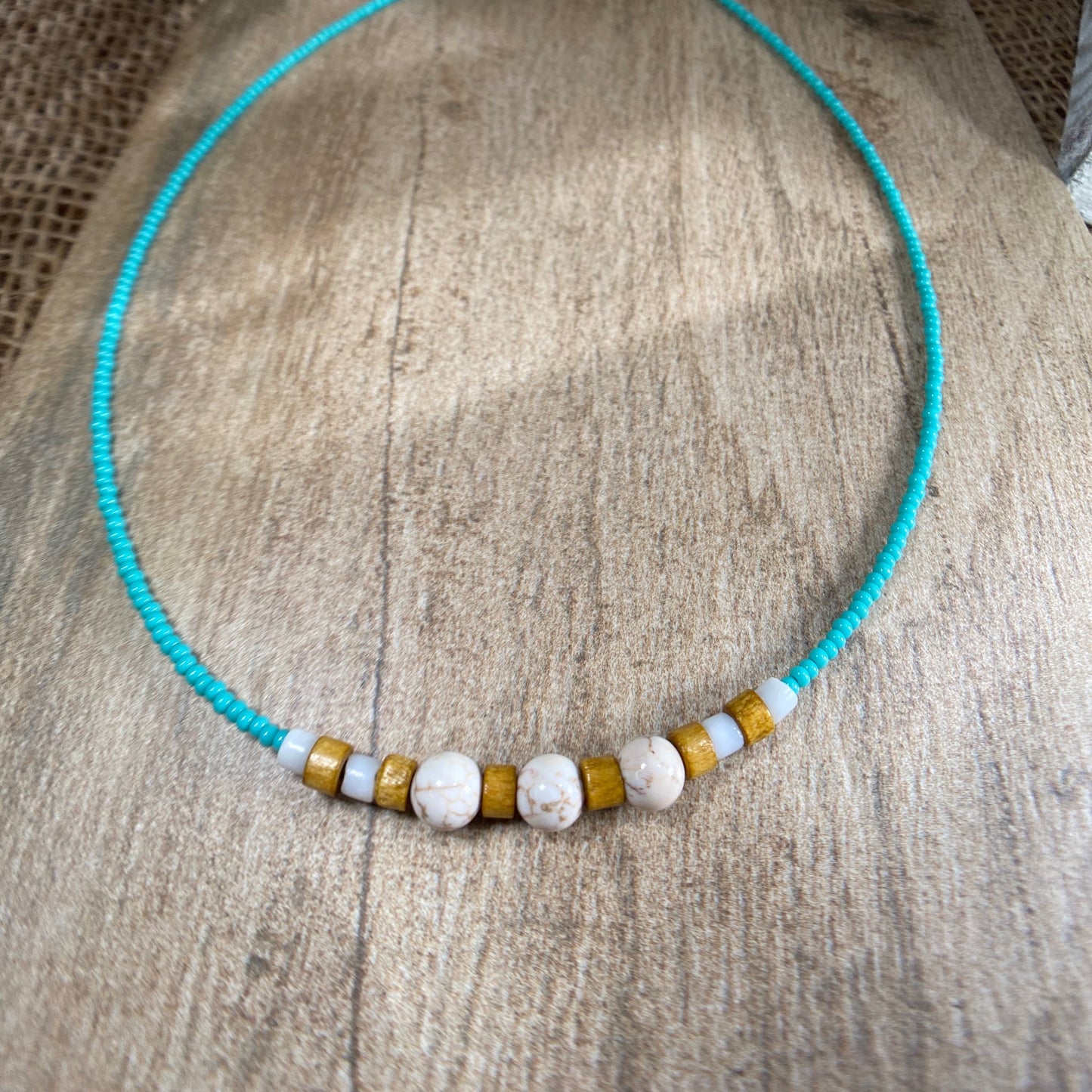 Beaded Choker Necklace Turquoise Seed Beads, White Turquoise