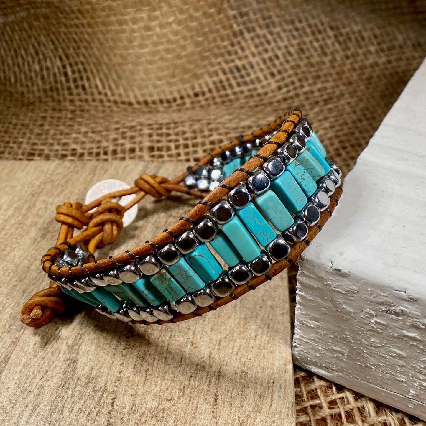 Turquoise Hematite Beaded Brown Leather Bracelet