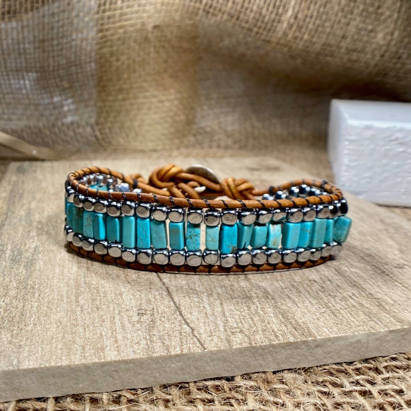 Turquoise Hematite Beaded Brown Leather Bracelet